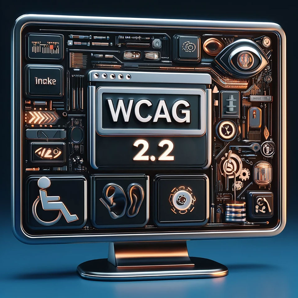 This image features a realistic, modern computer monitor centrally positioned. On the screen, there is large, clear, high-contrast text that reads 'WCAG 2.2', centered against a simple, uncluttered background. Surrounding the monitor are various symbols that represent inclusivity and accessibility. These include a stylized icon of a wheelchair, signifying mobility accessibility; an ear, representing hearing assistance; and an eye with glasses, symbolizing visual aid. Additionally, there are figures of abstract abilities, emphasizing a wide range of user accessibility. The entire scene is set against a clean, professional background, underscoring the importance of accessibility in digital spaces.
