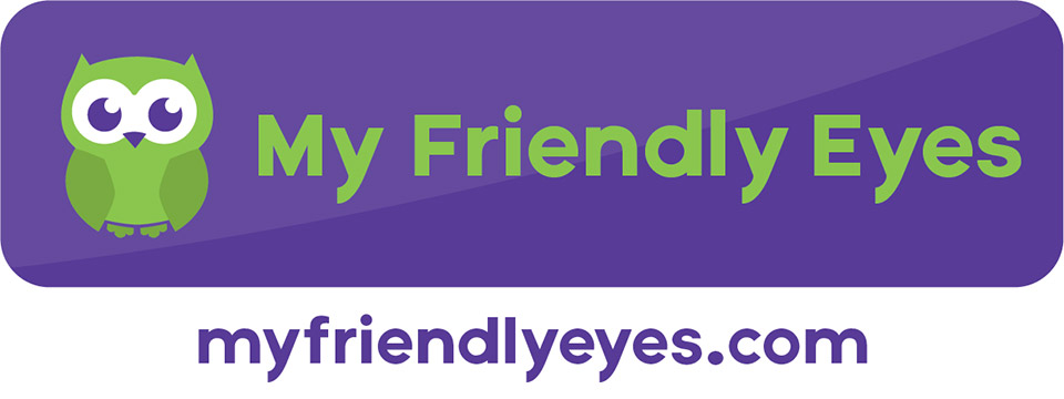 My Friendly Eyes logo. A small green owl sits inside of a purple square icon next to the words, My Friendly Eyes.