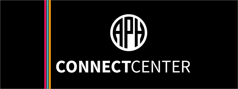Black background with APH logo with the words ConnectCenter below the logo and a multicolored vertical stripe on the left side of the image.
