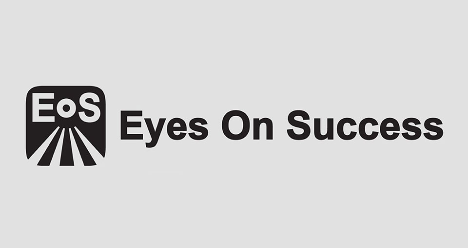 Eyes On Success logo. It is a black square with rounded corners with 'EOS' in silver across the top and 4 silver lines fanning out downwards from the O. Since the show's initials spell EOS, the Greek goddess of the dawn, the logo represents a sunrise.