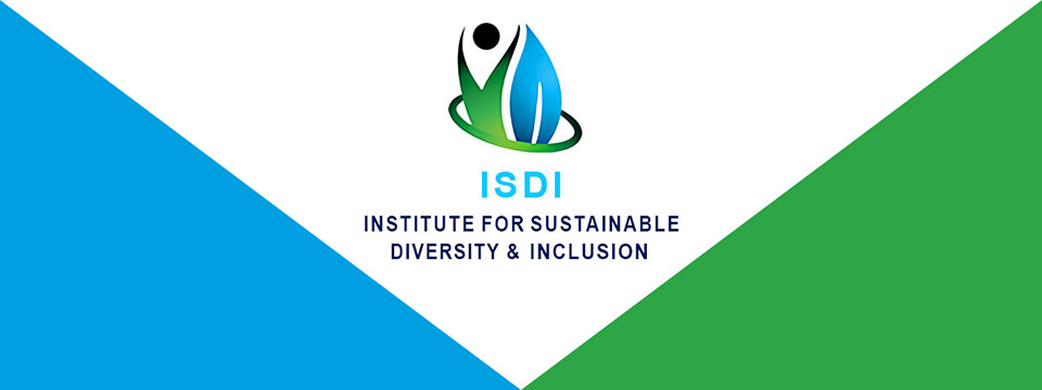 An image features the logo and name of the Institute for Sustainable Diversity & Inclusion (ISDI). The logo shows a stylized human figure formed by green and blue shapes, suggesting growth and unity, with a black circle representing the head. Below the logo, the acronym ISDI is written in light blue, followed by the full name in dark blue capital letters. The background consists of a white central area flanked by large blue and green diagonal sections converging at the bottom center.