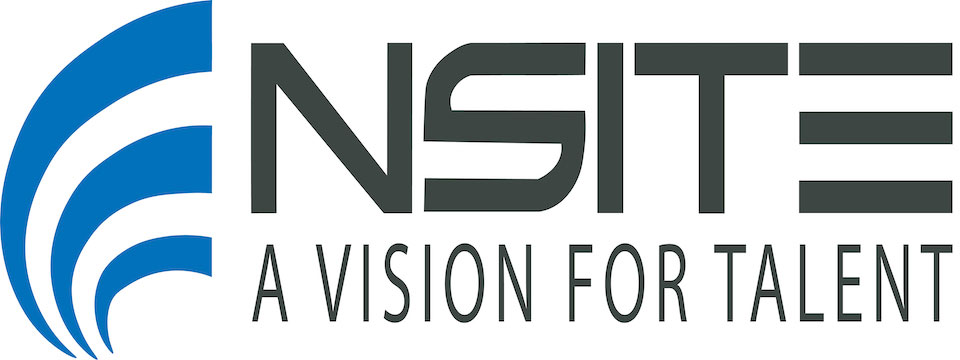NSITE Logo uses black letters, N-S-I-T-E A Vision for Talent. The E is 3 horizontal lines for three customers: blind/low-vision community, corporations & NPAs, & the math sign for =. Three blue curved lines represent 3 audiences, moving forward & up.