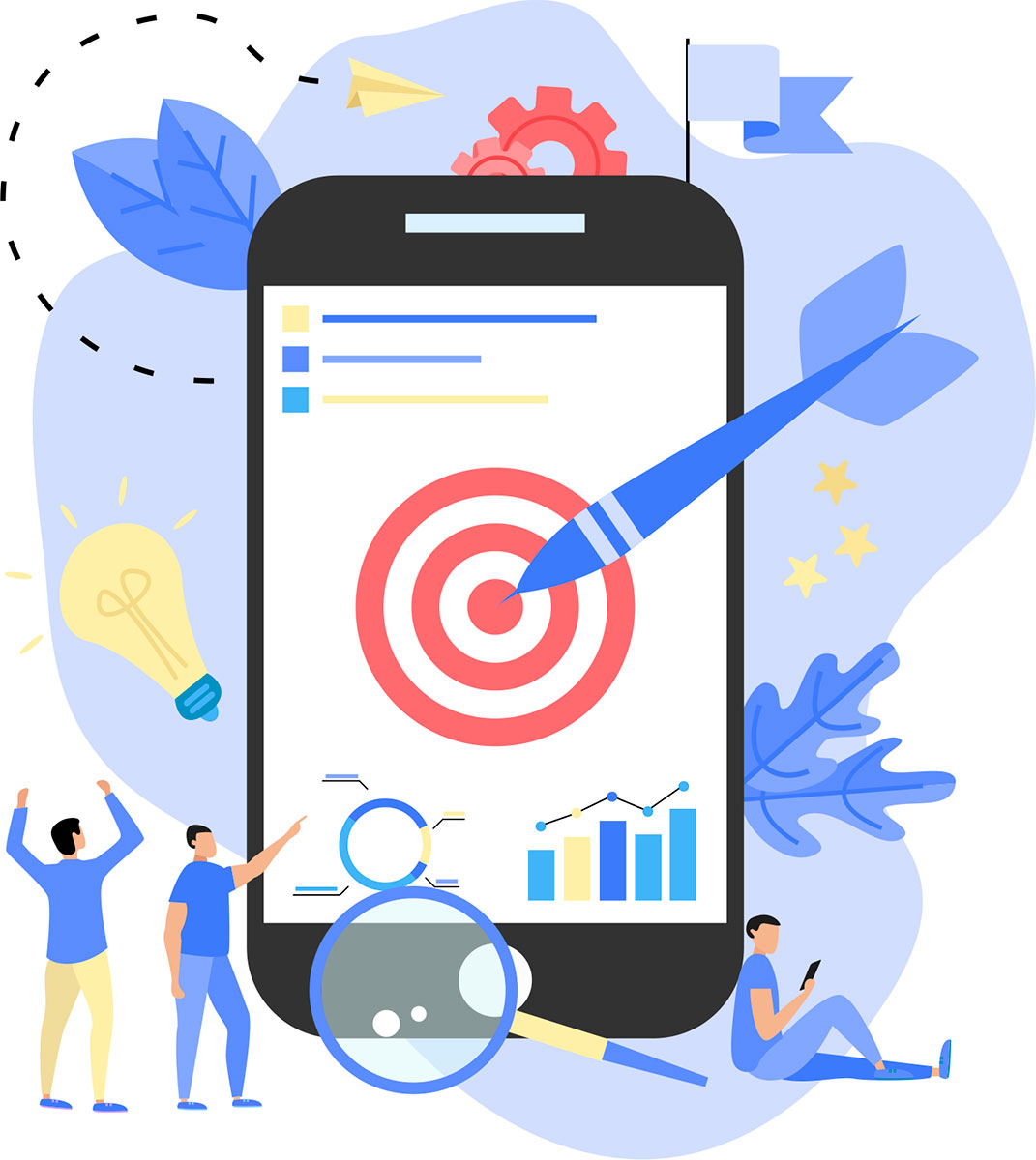 Illustration of a mobile phone running an advertisement tracking app with a red circular target in the center of it. A dart is stuck right in the center of the target. People below point and cheer.