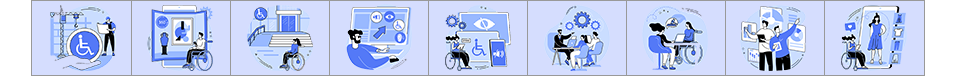 Website footer graphic. Nine square boxes of the same size lined up next to each other alternate colors between light and dark blue. Inside each box is an illustration of a person with a disability using access information to improve their life.