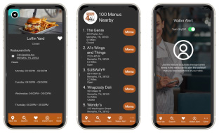 App Restaurant Menu, Search and Waiter Alert Screens.