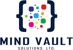 Logo. Mind Vault Solutions, Ltd. Two large curly braces hold at their center a cloud of colored dots of varying sizes and colors. The dots represent your data. The curly braces represent the many solutions provided by Mind Vault that help your data succeed. Learn more today at: https://mvsltd.com.
