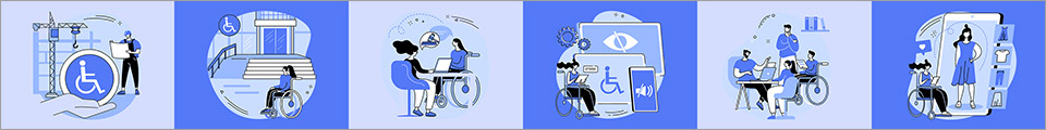 Five stylized access logos, a long cane user, hearing aid user, full braille cell, fingers signing interpreter, and enlarged print.