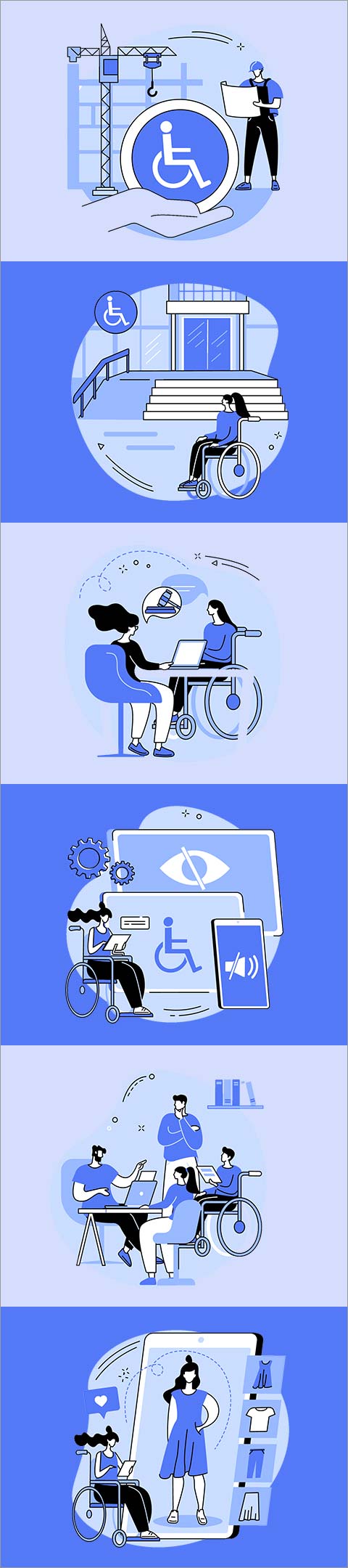 Six square boxes of the same size stacked two over four alternate colors between light and dark blue. Inside each box is an illustration of a person with a disability using access information to improve their life.